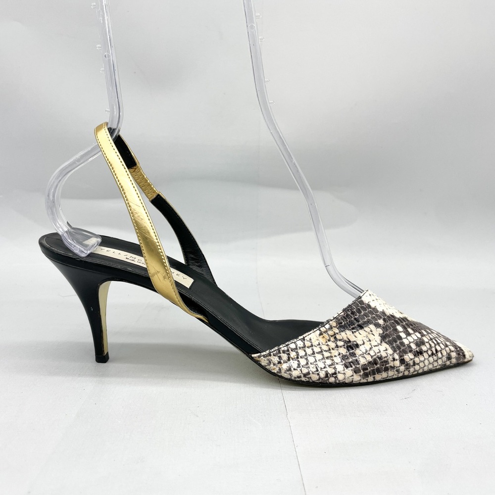 Stella McCartney Womens 40 9 Snakeskin Print Slingback Heels Gold Metallic Strap